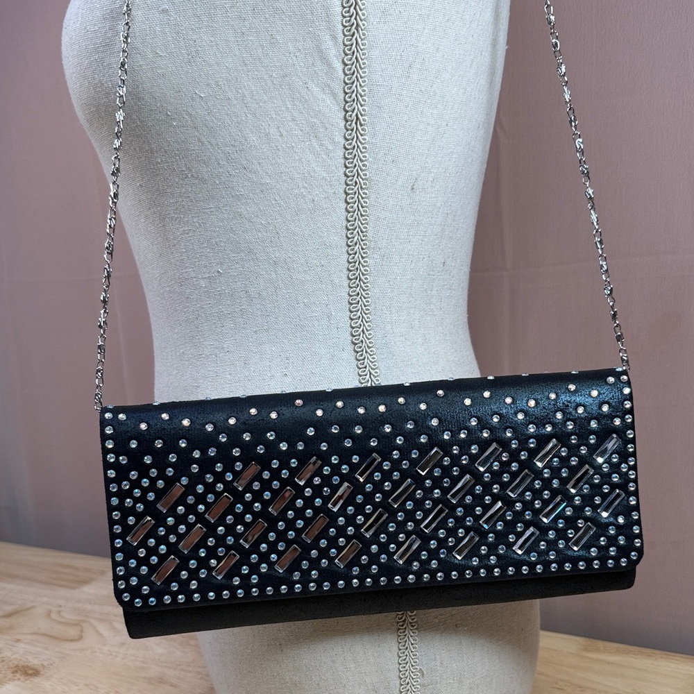 Black Studded Evening Clutch with Silver Chain